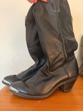 Code West Vintage Black Leather Heeled Western Boots with Silver Toe Caps